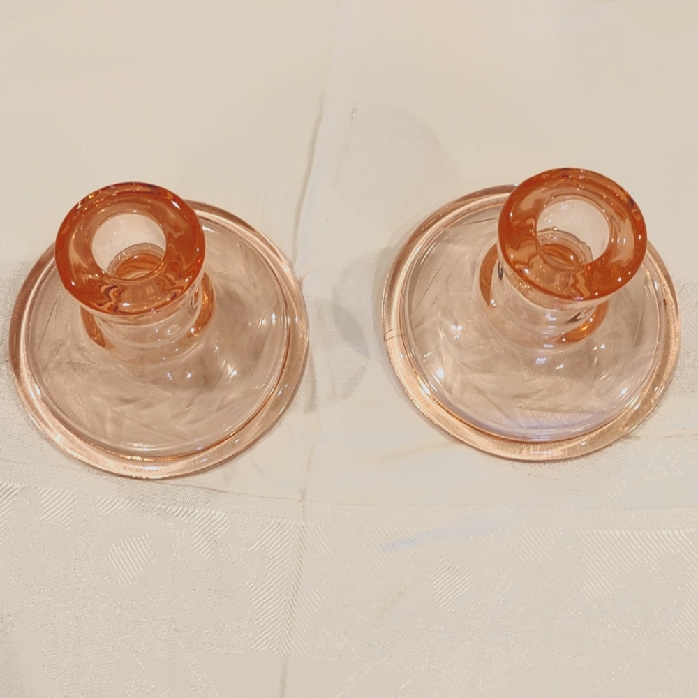 Vintage Pink Depression Glass Etched Floral Candle Stick Holder Set of 2